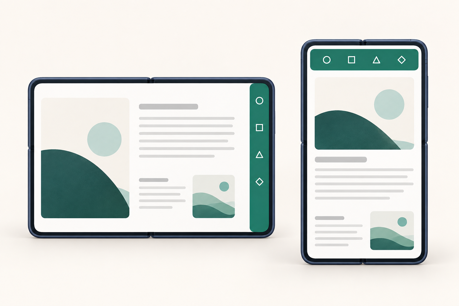 Concept illustration comparing a document interface with an emerald vertical toolbar in landscape and a horizontal toolbar in portrait.