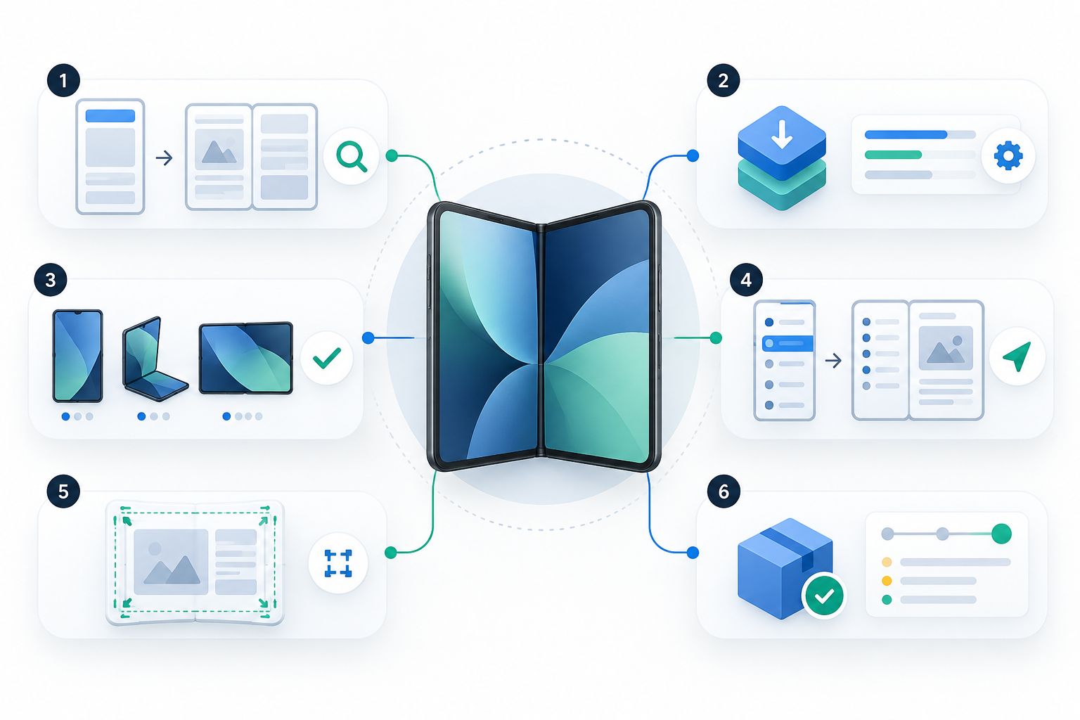 Original Comms infographic showing a six-step foldable app migration flow around a generic foldable device.