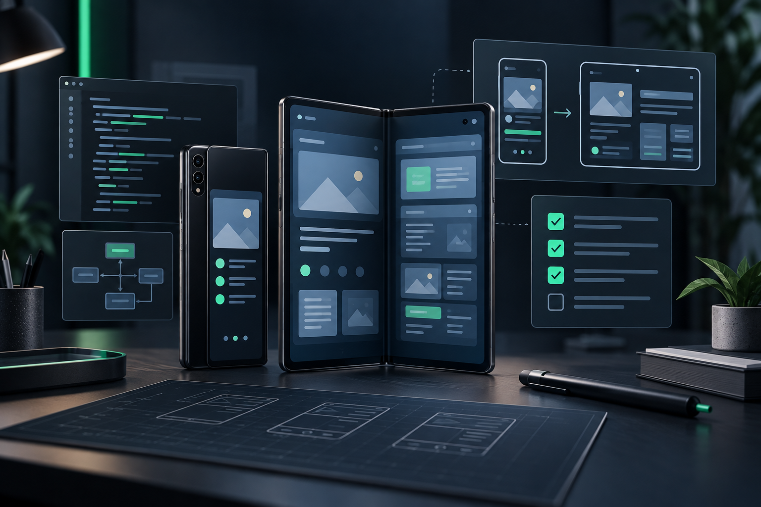 Original Comms illustration of a foldable app migration workspace with adaptive layout panels and QA checklist cards.