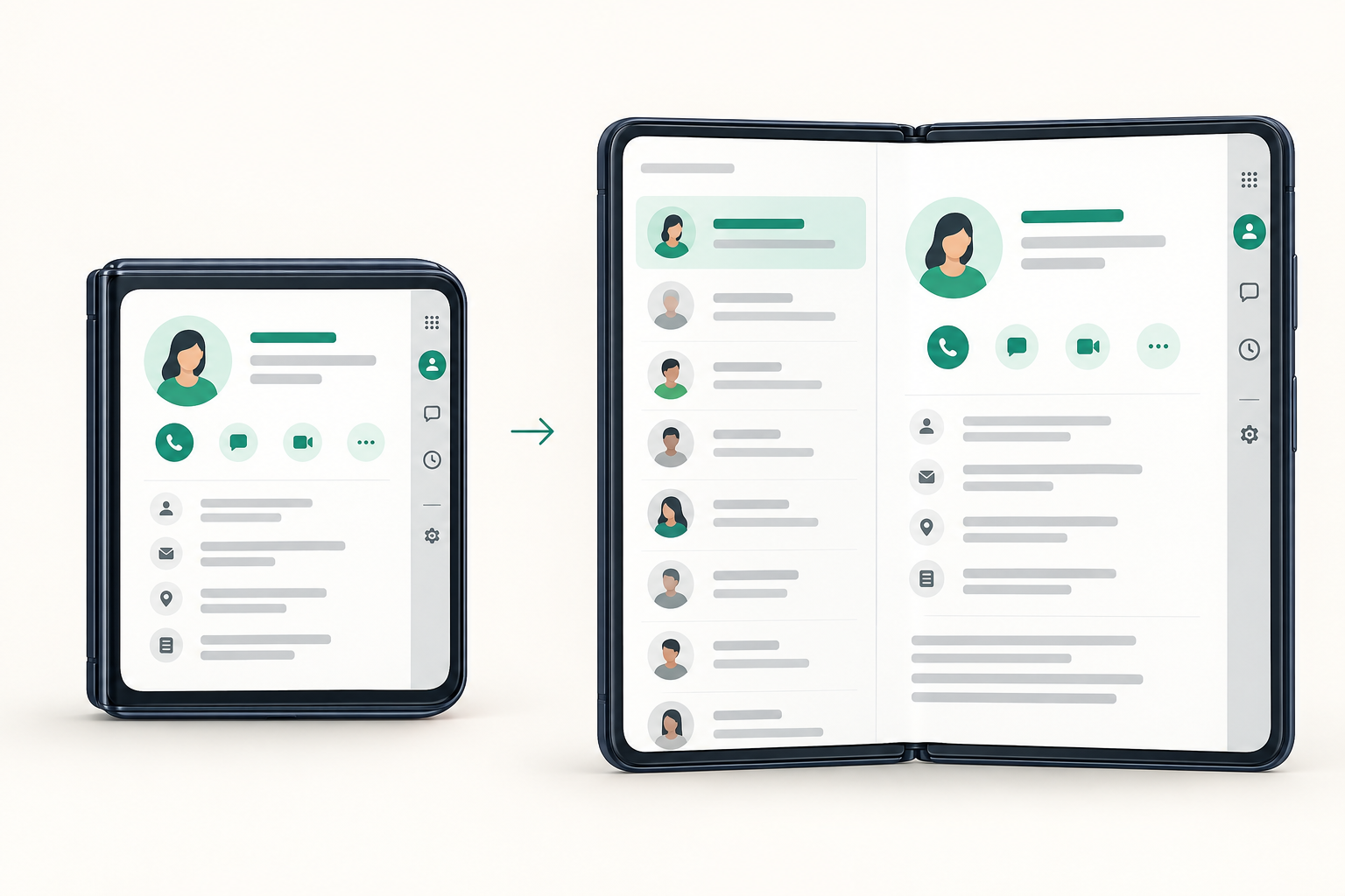 Concept illustration showing a customer detail view on a compact phone and the same detail beside a customer list on an expanded display.